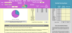 The image displays the Get Started tab of the GYWO Habit Tracker. This tab shows the year goal, month-by-month progress, a pie chart showing year progress, and has a tool to help plan how many days you need to work each month to reach your goal.